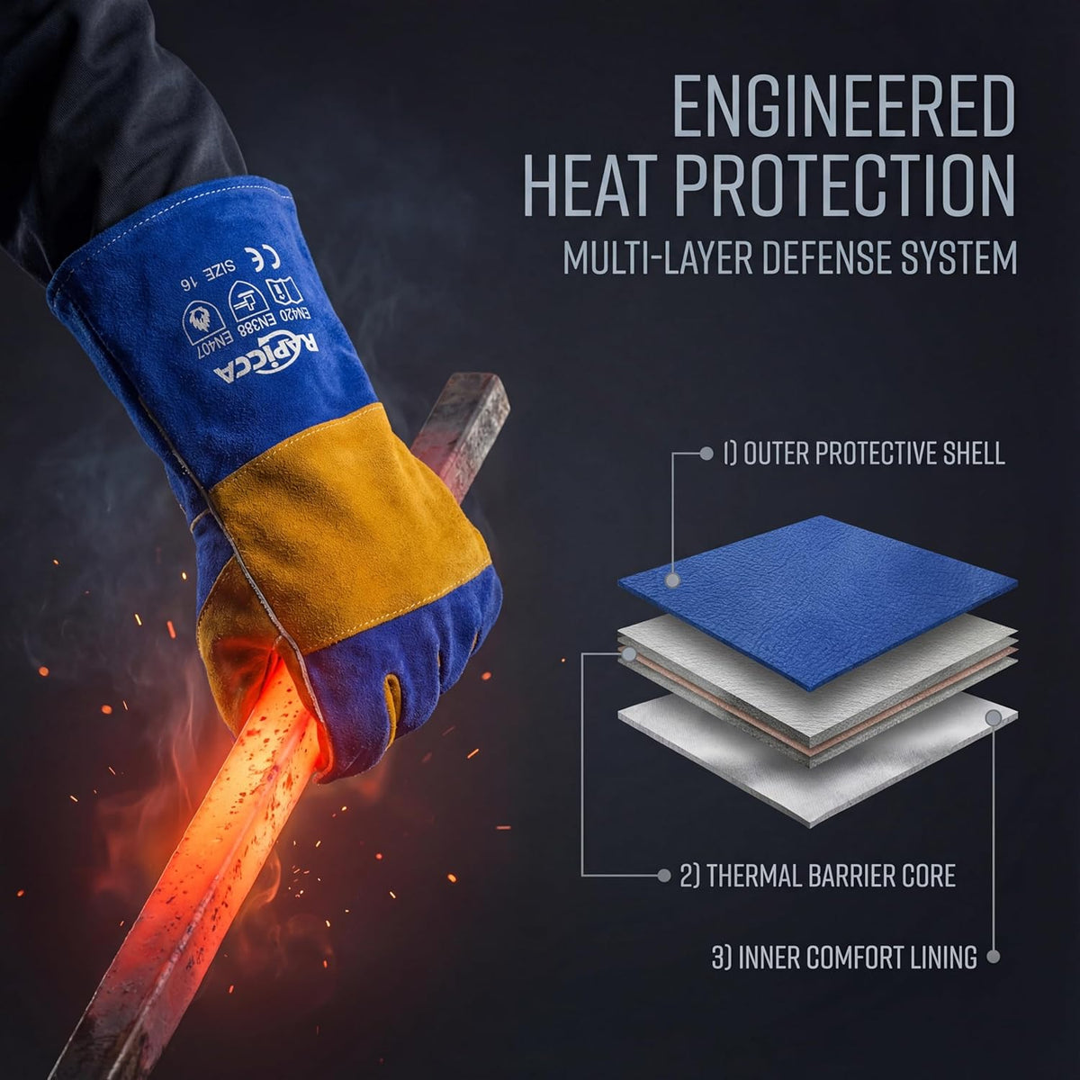 RAPICCA Welding Gloves for Men, 932°F Fireproof Leather, 16 in Blue