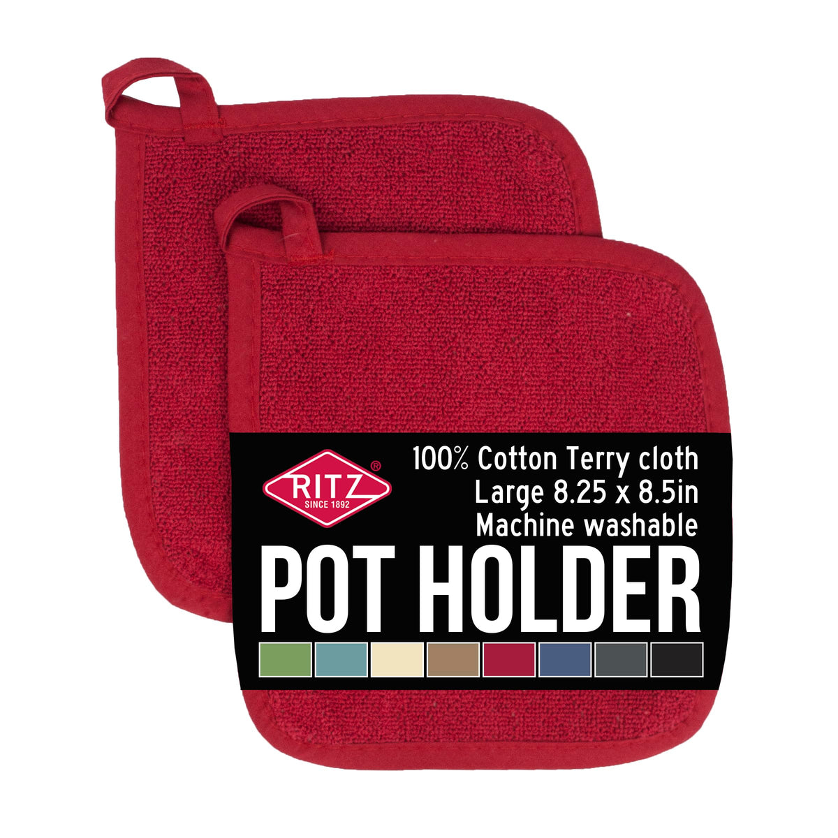 RITZ Terry Potholder & Hot Pad: Unparalleled Heat Resistant, Durable 100% Cotton – Ergonomically Designed for Optimal Grip – Easy-Care Machine Washable – 2-Pack, Graphite