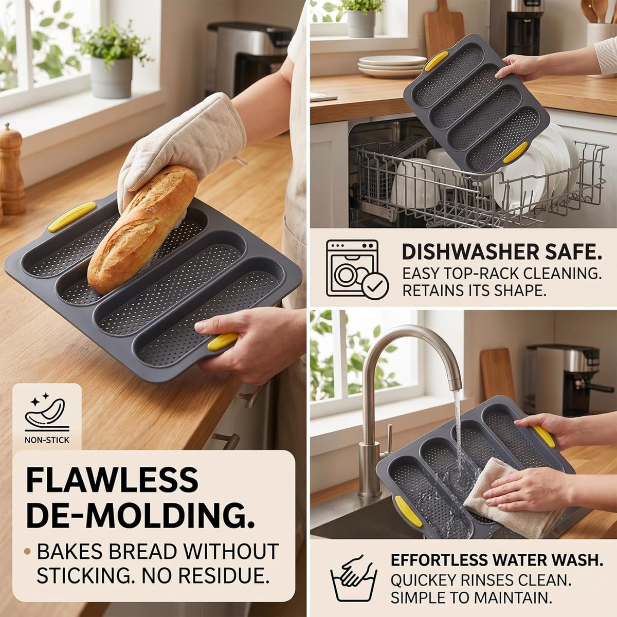 Silicone Bread Loaf Pan, Nonstick Baguette Bread Pan, 4-cavity