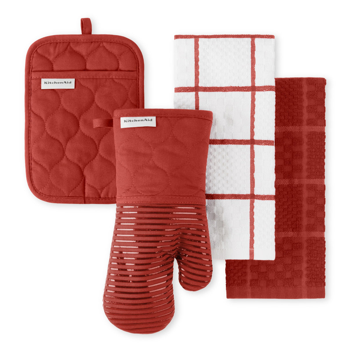 KITCHENAID Quilted Cotton Terry Cloth Oven Mitt, Pot Holder, Kitchen Towel 4-Pack Set, Heat Resistant, Silicone Grip, 16"x26", 7"x13" & 7"x10", Milkshake Tan