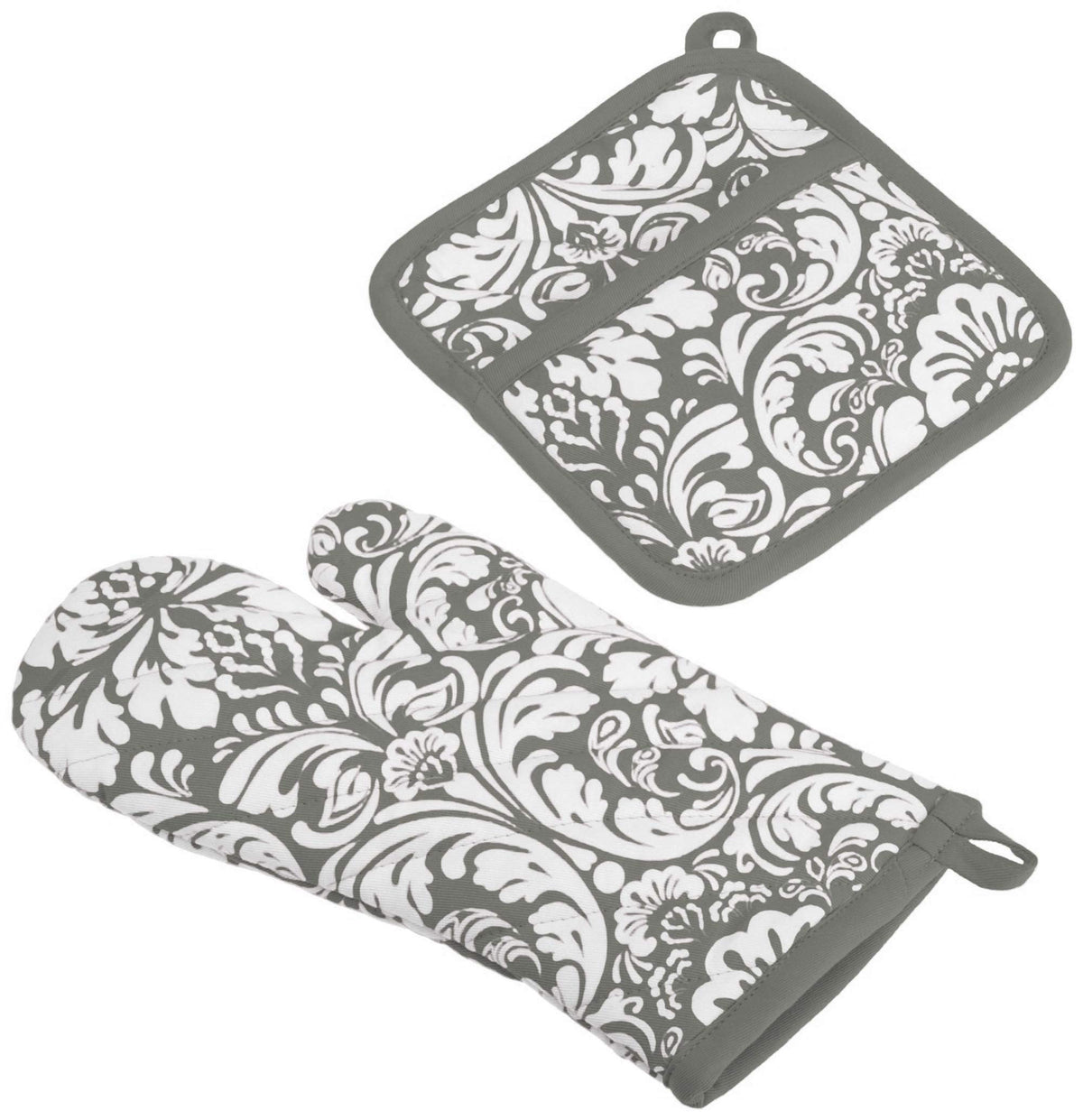 DII Quilted Kitchen Oven Mitt & Potholder Set, Hanging Loop for Convenient Storage, OM 6.5x12/PH 8x8.5, Black Damask Print, 2 Piece