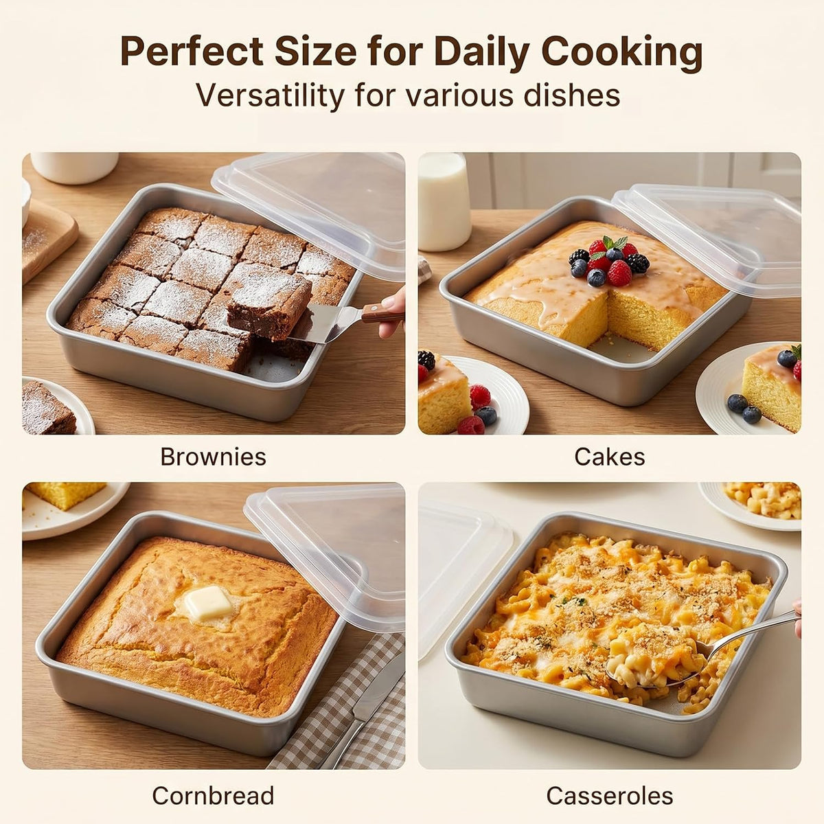 E-far 8 x 8-Inch Baking Pan with lid, Square Cake Brownie Baking Pans Stainless Steel Bakeware Set of 2, Non-toxic & Healthy, Easy Clean & Dishwasher Safe - 4 Pieces(2 Pans + 2 Lids)
