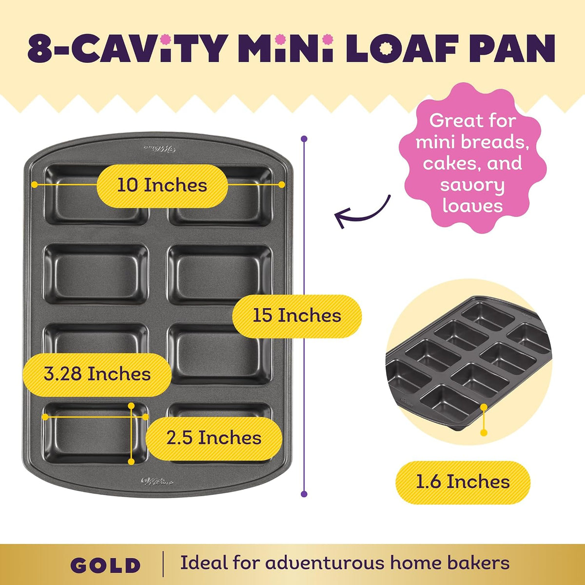 Wilton Gold Non-Stick Mini Loaf Pan, Made Without PFAS, 8-Cavity