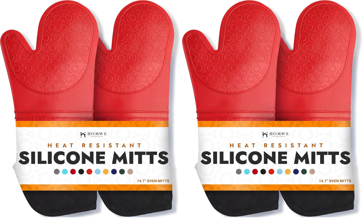 BPA-Free Soft Silicone Oven Mitts - Ultra Heat Resistant Oven Mitts with Thick Cotton Liner - Extra Long Slip Resistant Pot Holders, Flexible Oven Gloves