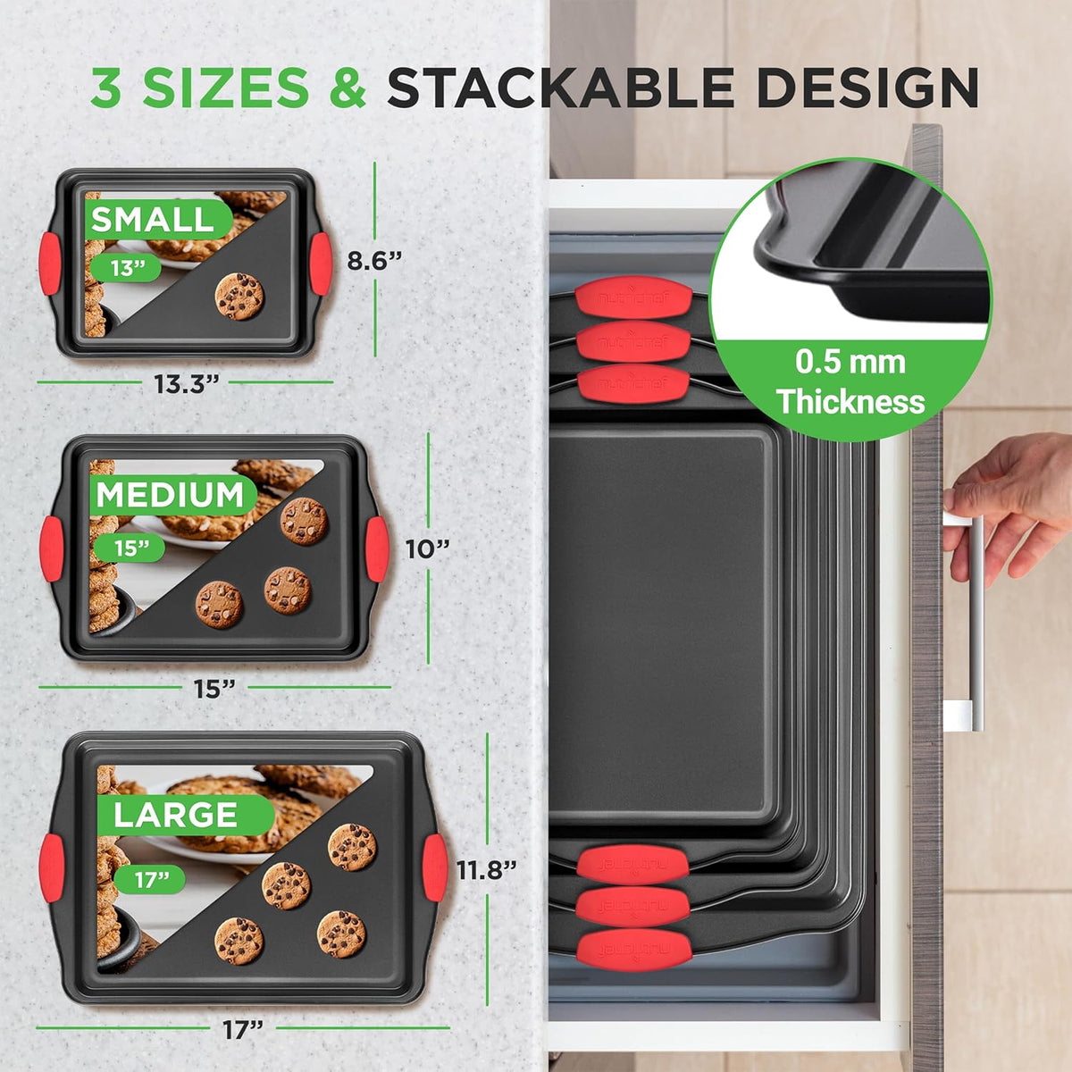 NutriChef 3‑Piece Nonstick Cookie Sheets – Carbon Steel Baking Sheet Set with Non Stick Coating & Red Silicone Handles – Oven Pans for Family Baking