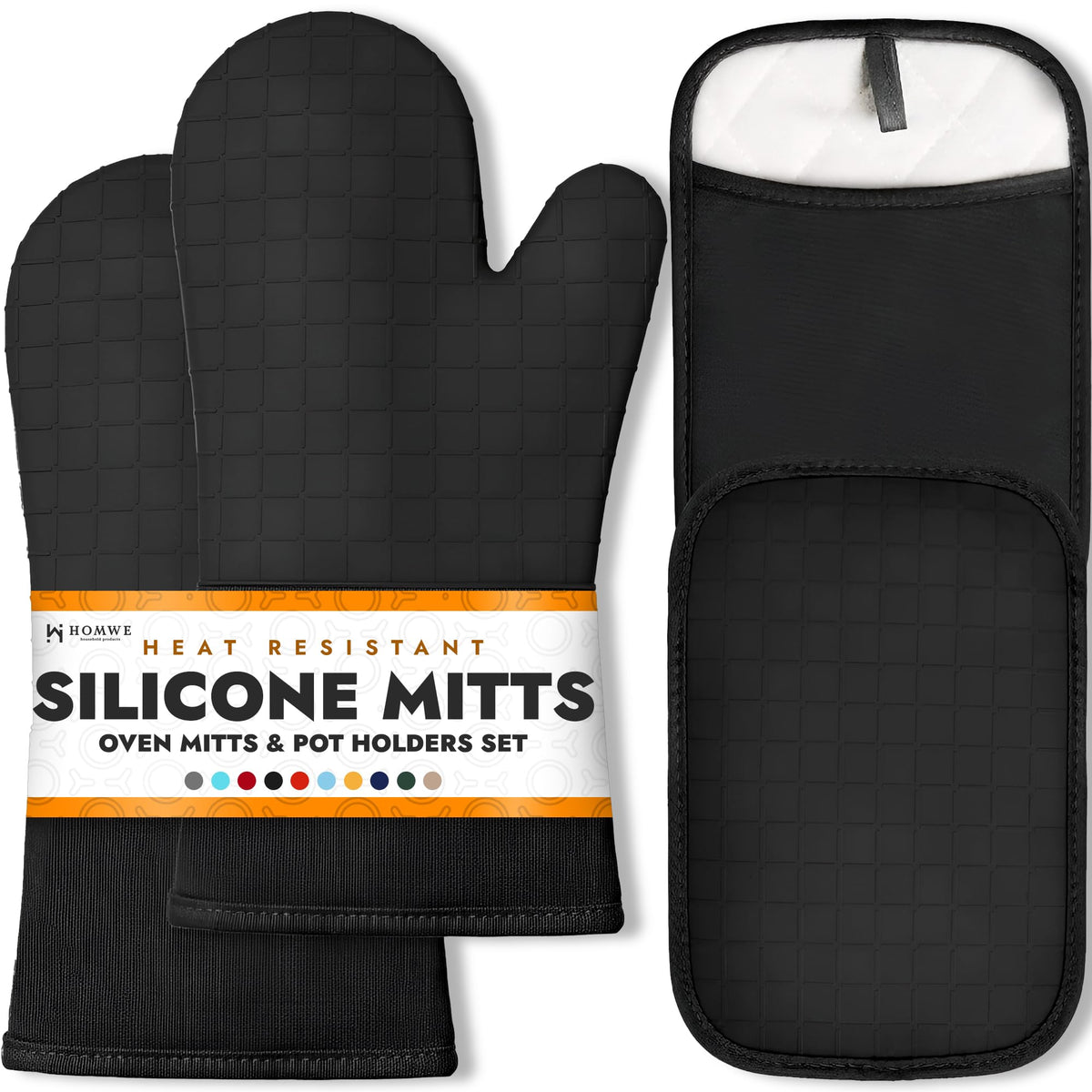 BPA-Free Silicone Oven Mitts Ultra Heat Resistant up to 500°F - Oven Mitts with Thick Cotton Liner - Long Slip Resistant Pot Holders, Flexible Oven Gloves - Black 13.7"