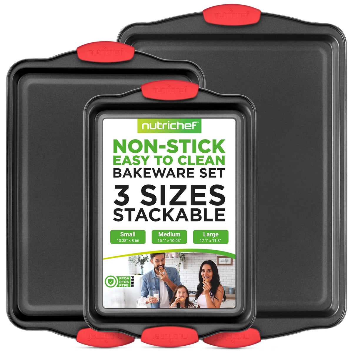 NutriChef Non-Stick Kitchen Oven Baking Pans-Deluxe & Stylish Nonstick Gray Coating Inside Outside, Commercial Grade Restaurant Quality Metal Bakeware with Red Silicone Handles NCSBS8S, 8 Piece Set