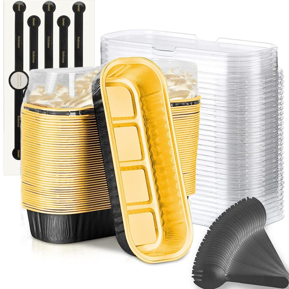 Findful Mini Loaf Baking Pans with Lids and Spoons (50 Pack, 6.8oz) Rectangle Aluminum Foil Baking Pans Tins Containers - Cupcake Containers Wrappers Cheesecake Creme Brulee Ramekins