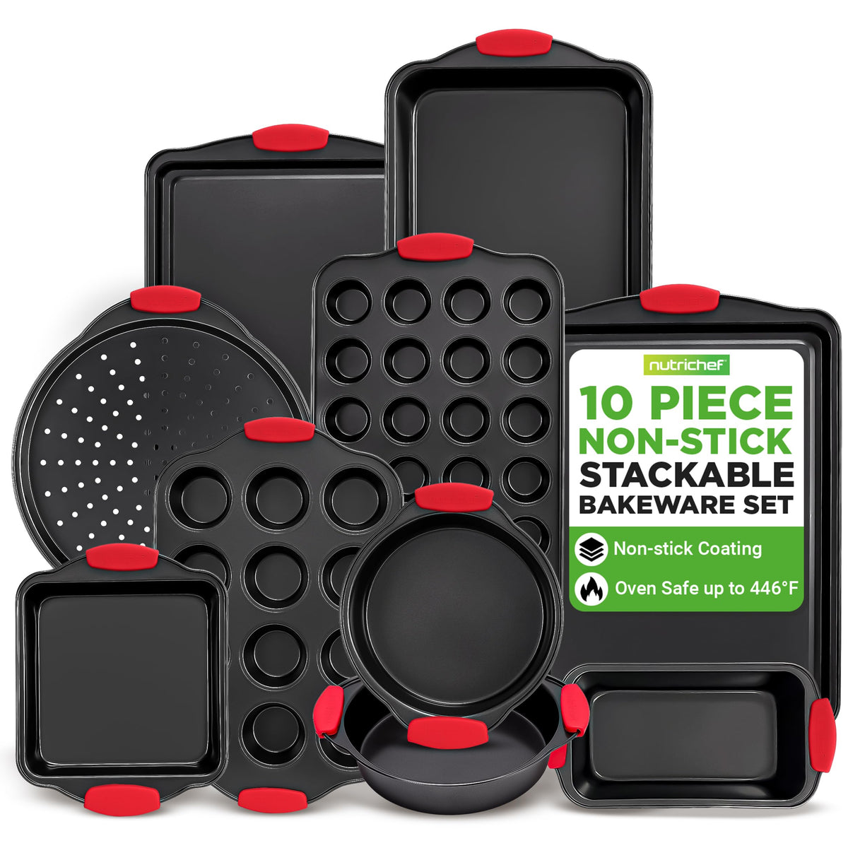 NutriChef Non-Stick Kitchen Oven Baking Pans-Deluxe & Stylish Nonstick Gray Coating Inside Outside, Commercial Grade Restaurant Quality Metal Bakeware with Red Silicone Handles NCSBS8S, 8 Piece Set