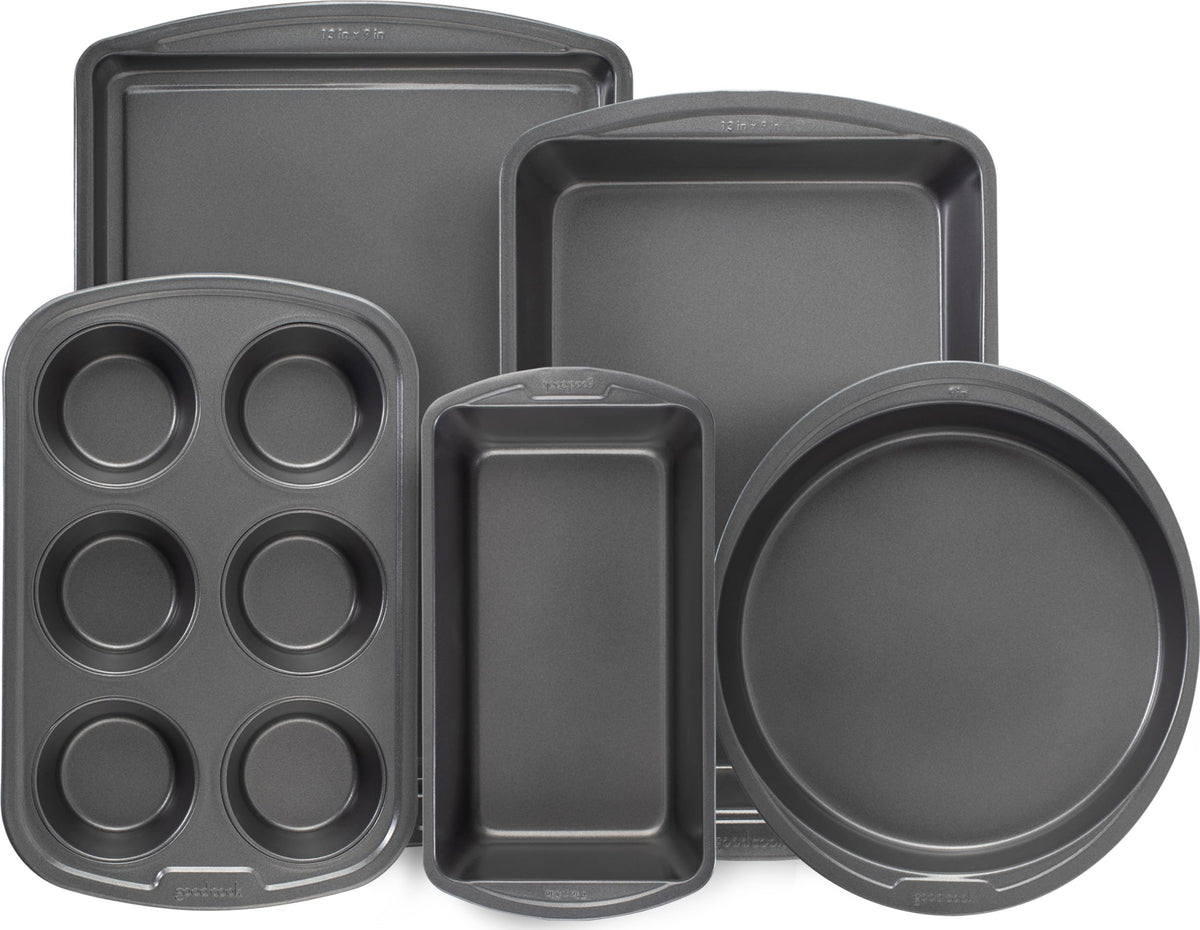 GoodCook 4-Piece Nonstick Steel Toaster Oven Set with Sheet Pan, Rack, Cake Pan, and Muffin Pan, Gray, 4-Piece Set Distributes Heat Evenly, Nonstick Coating, Dishwasher-Safe