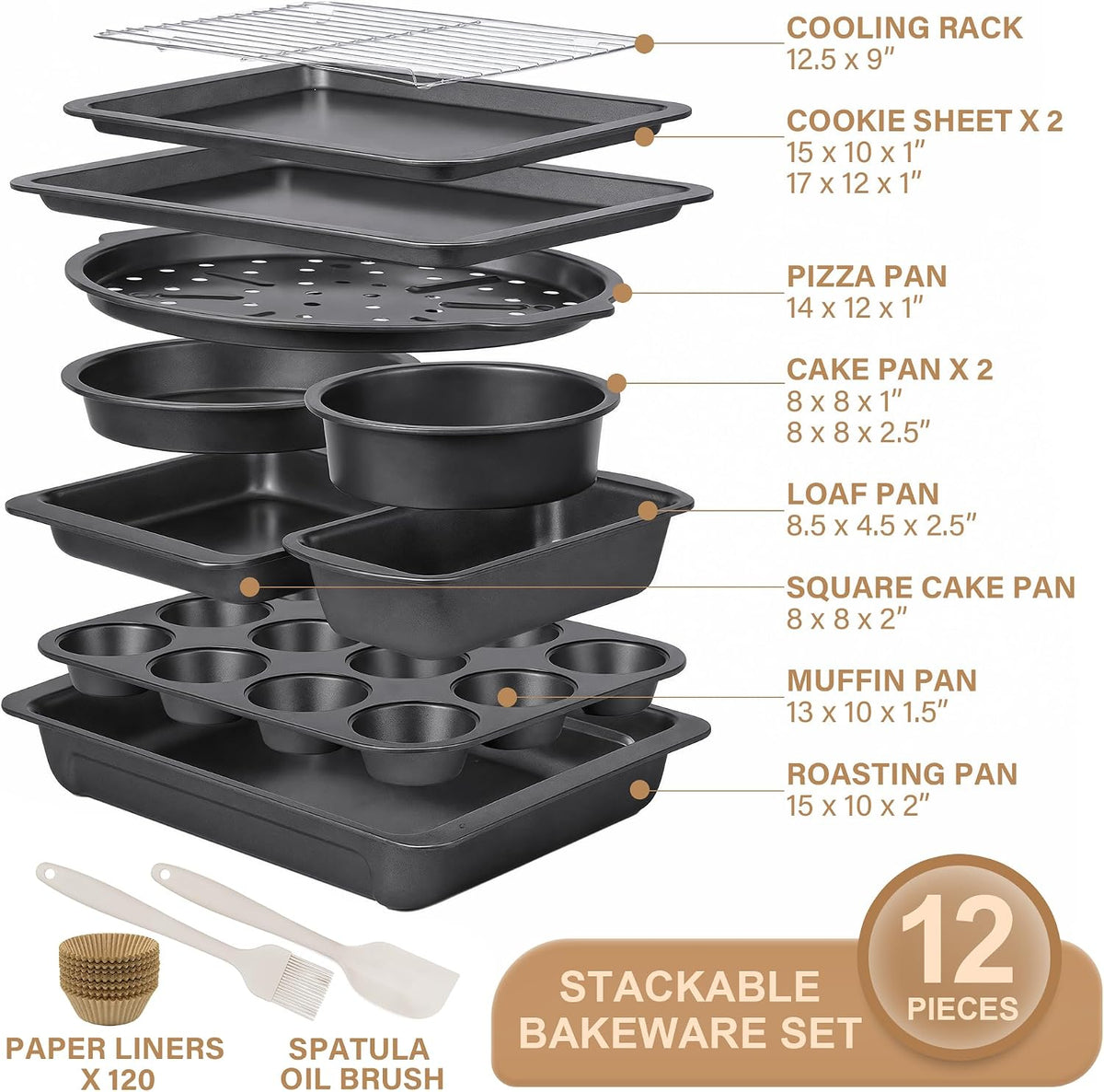 HONGBAKE Bakeware Sets, Baking Pans Set, 12 Pieces Nonstick Oven Pan with 120 Muffin Liners for Kitchen, Wider Grips, Including Rack, Cookie Sheet, Cake, Loaf, Muffin, Pizza Pan - Gray