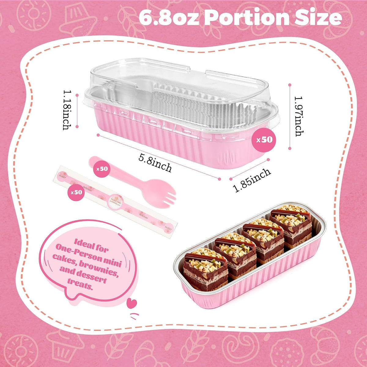 NPLUX Mini Loaf Pans with Lids, 50 Pack Pink 6.8oz for Party Favors