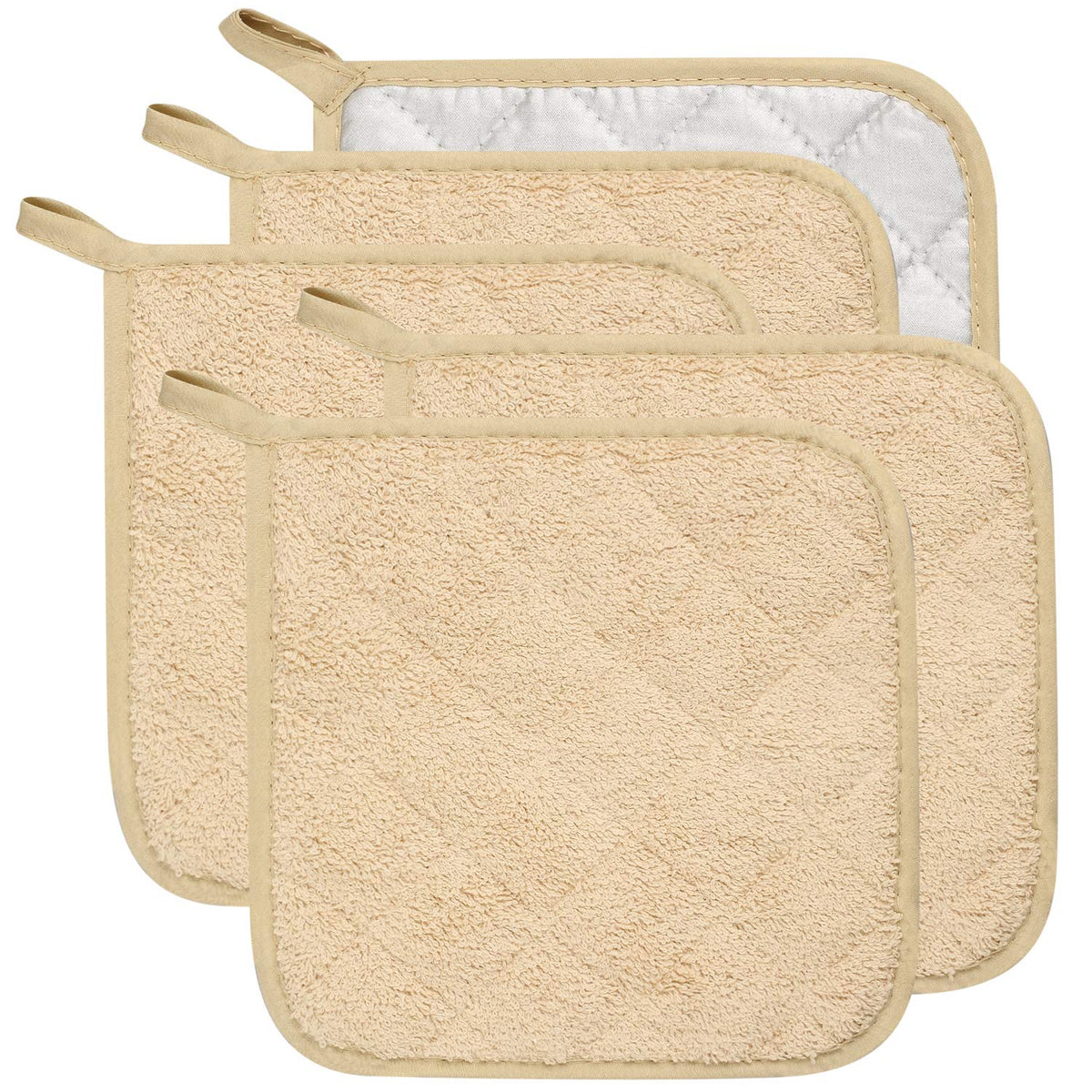 100% Cotton Kitchen Everyday Basic Terry Pot Holder Heat Resistant Coaster Potholder for Cooking and Baking Set of 5 Brown