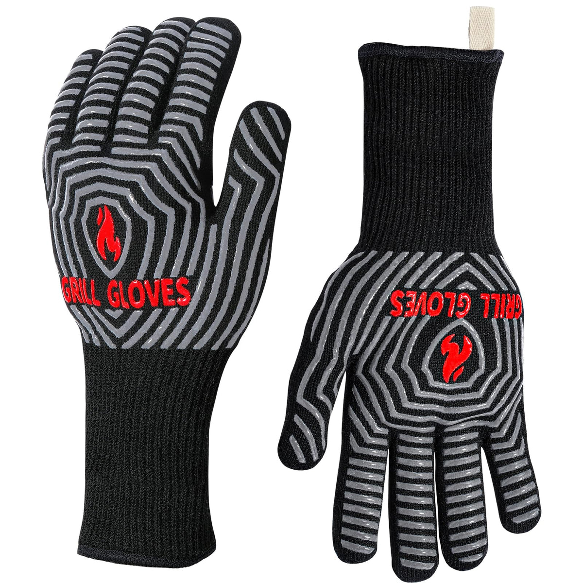 QUWIN BBQ Gloves, 1472°F Heat Resistant Grilling Gloves Silicone Non-Slip Oven Mitts, Kitchen Gloves for BBQ, Grilling, Cooking, Baking(One Size Fits Most, Black)- 1 Pair