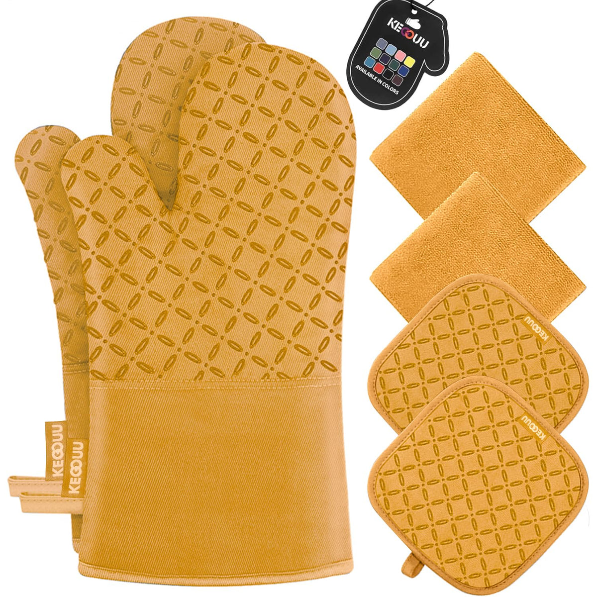 KEGOUU Oven Mitts and Pot Holders 6pcs Set, Kitchen Oven Glove High Heat Resistant 500 Degree Extra Long Oven Mitts and Potholder with Non-Slip Silicone Surface for Cooking (Grey)