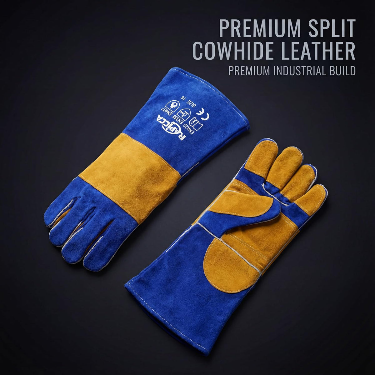 RAPICCA Welding Gloves for Men, 932°F Fireproof Leather, 16 in Blue