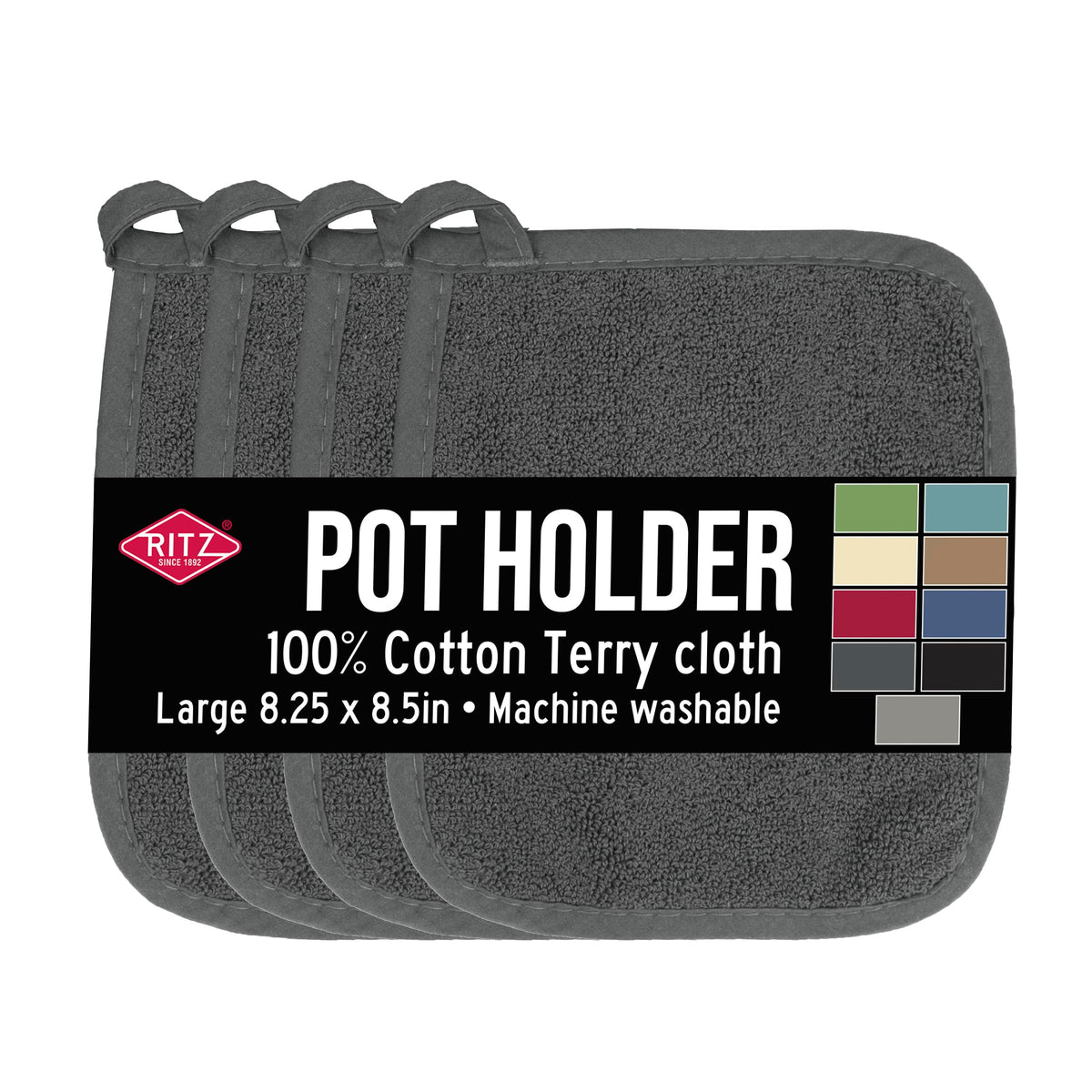 RITZ Terry Potholder & Hot Pad: Unparalleled Heat Resistant, Durable 100% Cotton – Ergonomically Designed for Optimal Grip – Easy-Care Machine Washable – 2-Pack, Graphite