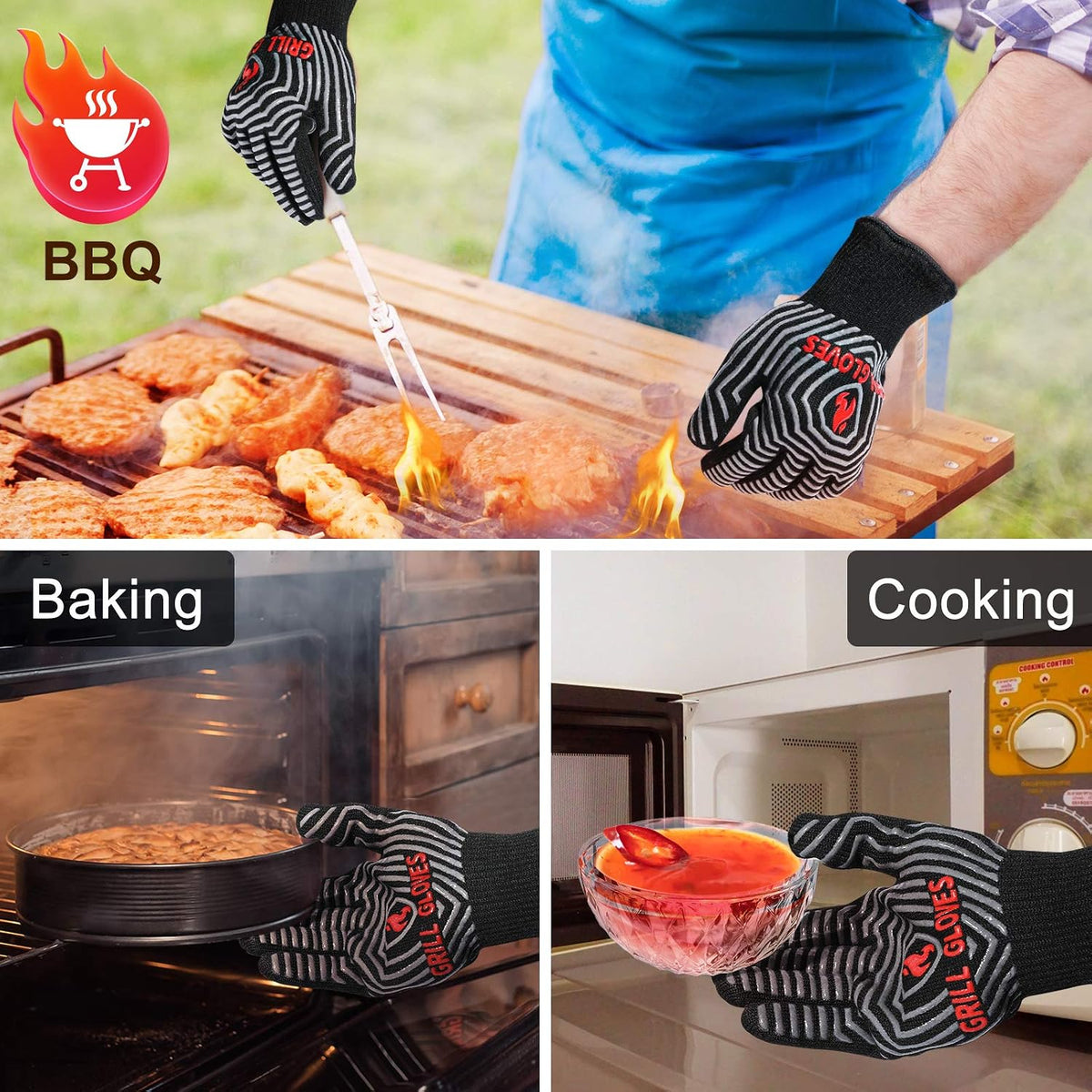 QUWIN BBQ Gloves, 1472°F Heat Resistant Grilling Gloves Silicone Non-Slip Oven Mitts, Kitchen Gloves for BBQ, Grilling, Cooking, Baking(One Size Fits Most, Black)- 1 Pair
