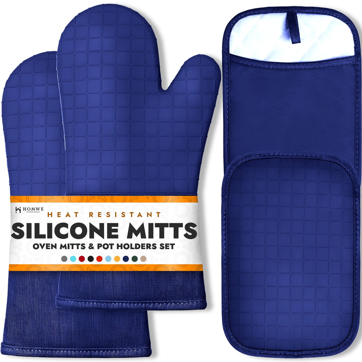 BPA-Free Soft Silicone 4 Piece Oven Mitts & Trivets Set - Ultra Heat Resistant Oven Mitts with Thick Cotton Liner - Long Slip Resistant Pot Holders, Flexible Oven Gloves - Navy
