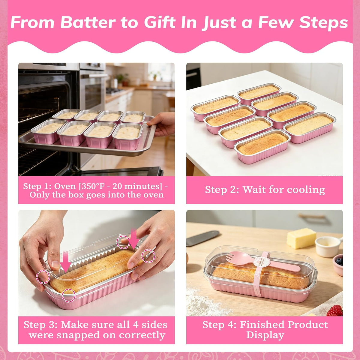 NPLUX Mini Loaf Pans with Lids, 50 Pack Pink 6.8oz for Party Favors