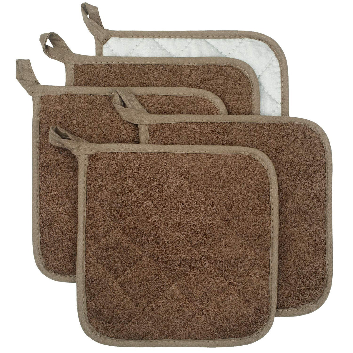 100% Cotton Kitchen Everyday Basic Terry Pot Holder Heat Resistant Coaster Potholder for Cooking and Baking Set of 5 Brown