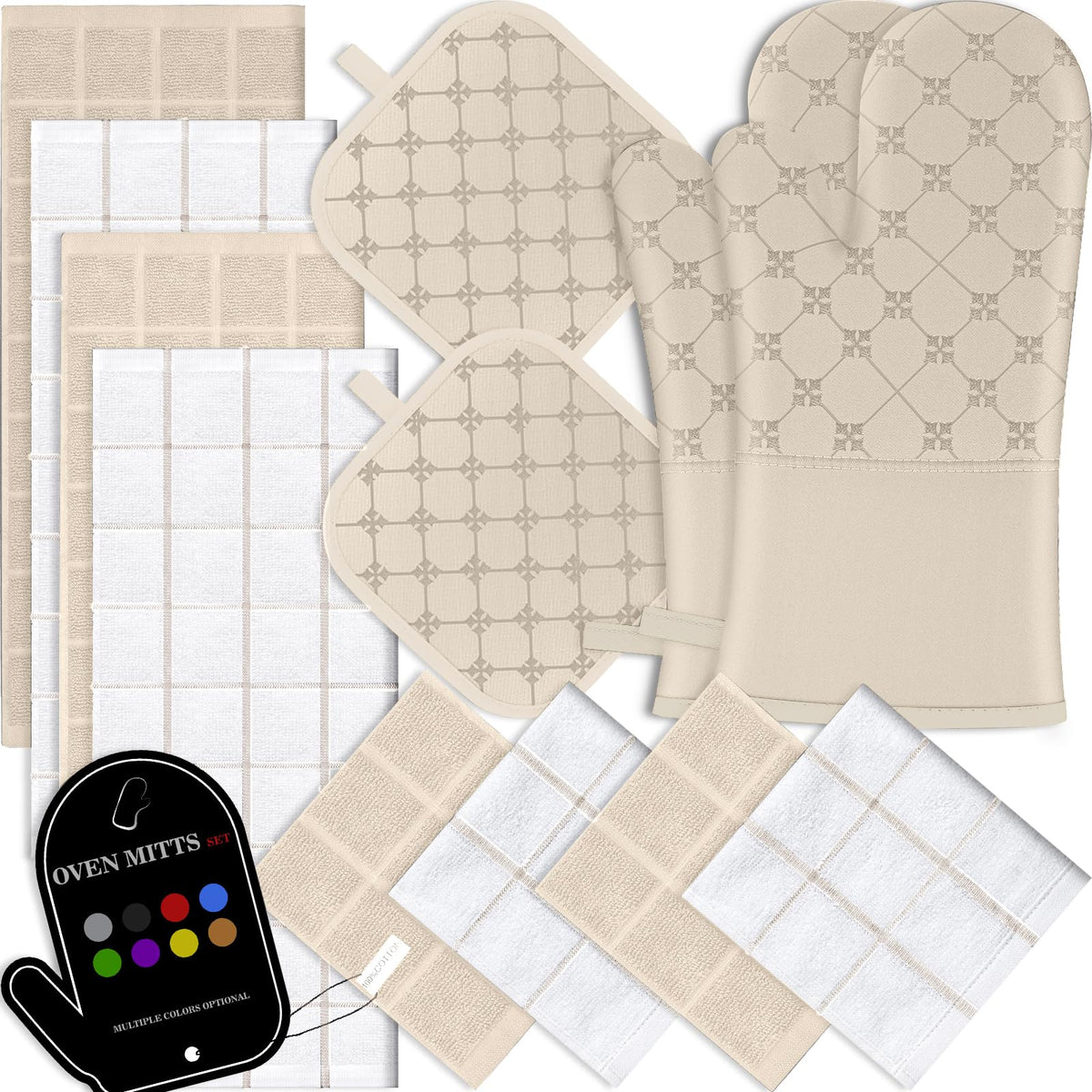 Oven Mitts Kitchen Towels Dishcloths with Pot Holders Sets 12PCS, Dish Towels Sets, Oven Gloves Pot Pads Heat Resistant 500 Degrees with Non-Slip Silicone Surface for Cooking Baking Grilling-Grey