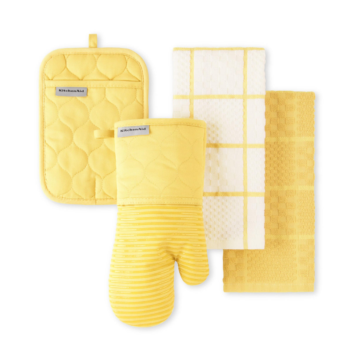 KITCHENAID Quilted Cotton Terry Cloth Oven Mitt, Pot Holder, Kitchen Towel 4-Pack Set, Heat Resistant, Silicone Grip, 16"x26", 7"x13" & 7"x10", Milkshake Tan