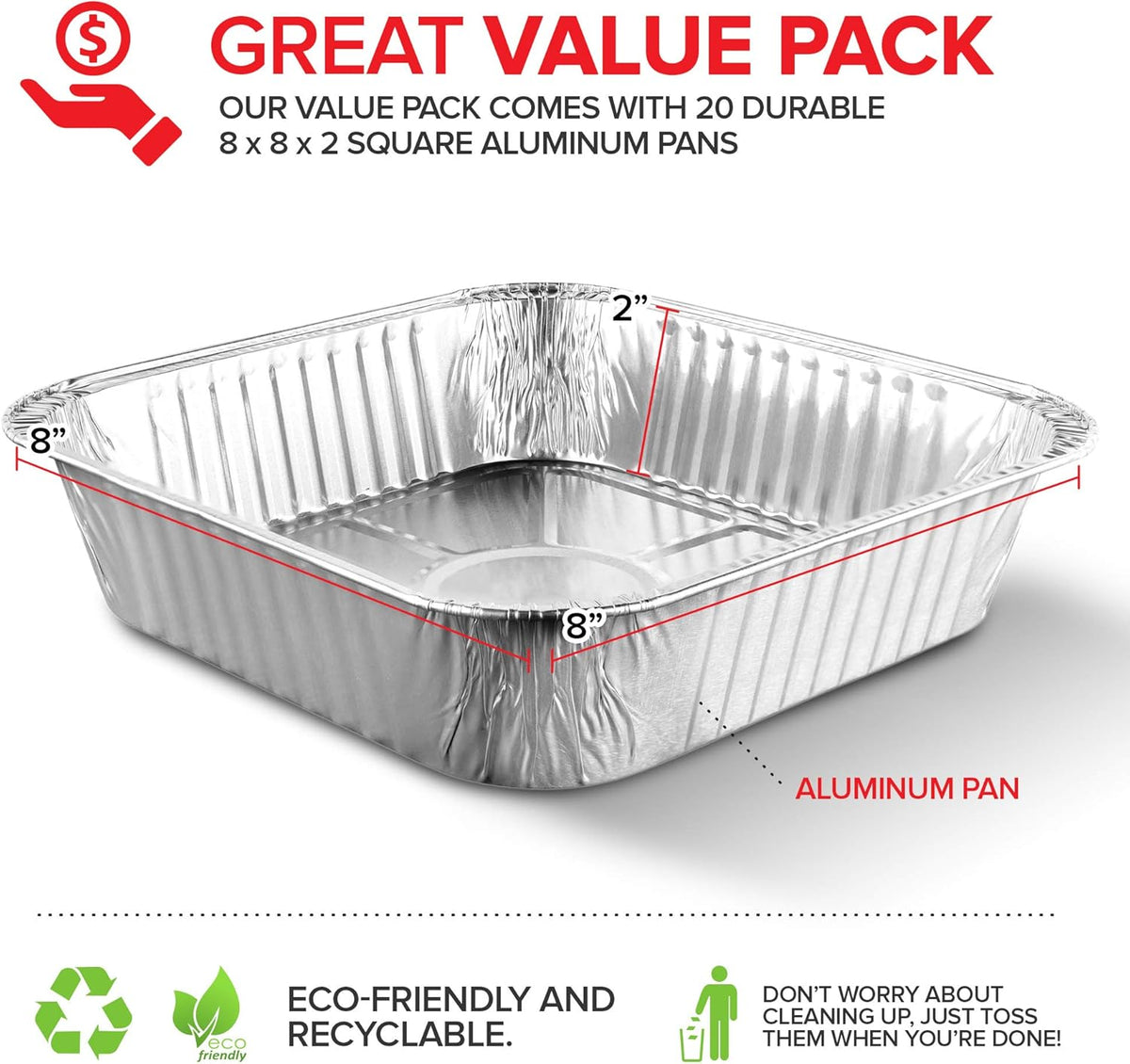 Stock Your Home 8x8 Foil Pans (20 Pack) 8 Inch Square Aluminum Pans - Foil Pans - Disposable Food Containers Great for Baking Cake, Cooking, Heating, Storing, Prepping Food