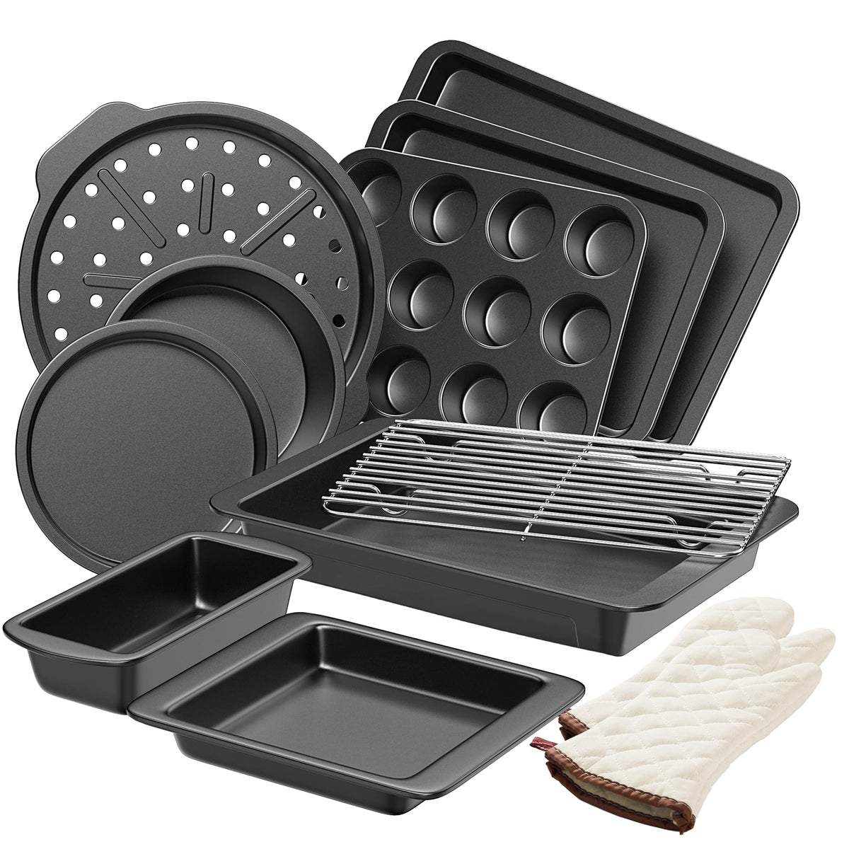 HONGBAKE Bakeware Sets, Baking Pans Set, 12 Pieces Nonstick Oven Pan with 120 Muffin Liners for Kitchen, Wider Grips, Including Rack, Cookie Sheet, Cake, Loaf, Muffin, Pizza Pan - Gray