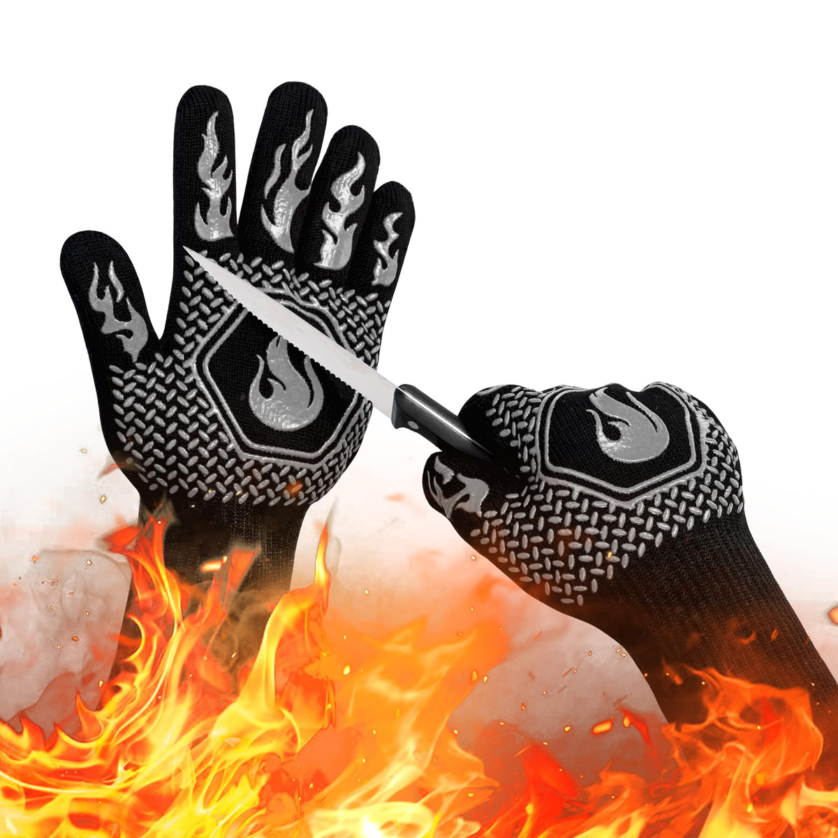 BBQ Gloves 1472F Heat Resistant Non-Slip Silicone 13.8in (Red)