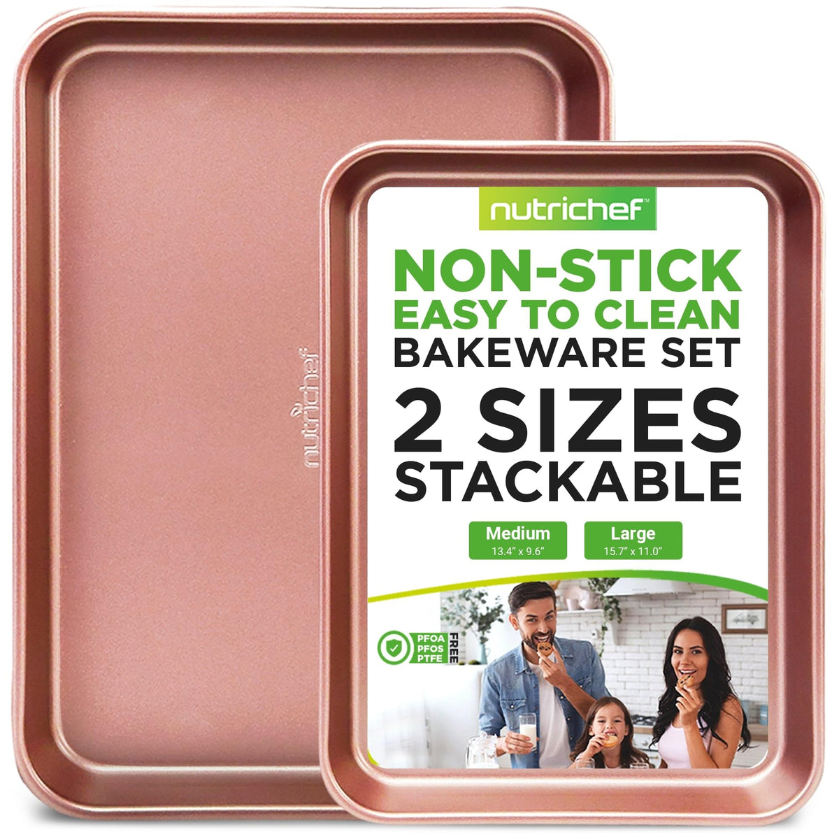 NutriChef Non-Stick Cookie Sheet Baking Pans, 2-Piece Oven Baking Trays w/ Superior Nonstick Coating - 15" x 11" & 13" x 9" Sizes for Convenient Roasting & Baking - Dishwasher Safe