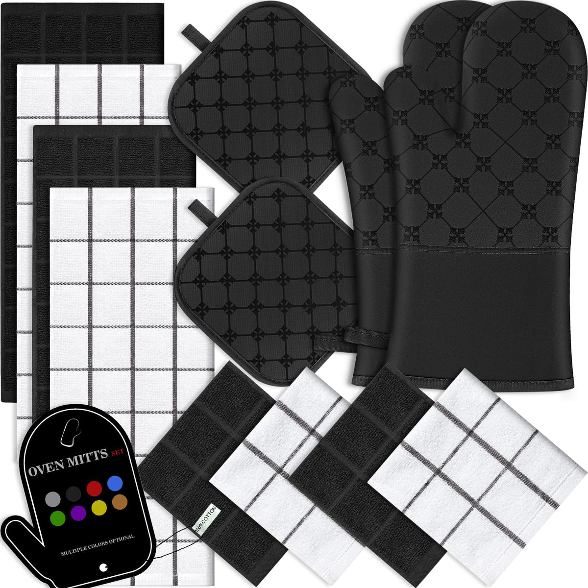 Oven Mitts Kitchen Towels Dishcloths with Pot Holders Sets 12PCS, Dish Towels Sets, Oven Gloves Pot Pads Heat Resistant 500 Degrees with Non-Slip Silicone Surface for Cooking Baking Grilling-Grey
