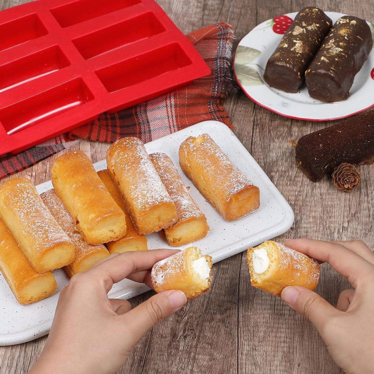 Webake Silicone Cream Canoe Pan, 9-Cavity Mini Log Cake Mold for Baking, Oblong Filled Snack Cake Mold for Mousse, Pudding and Desserts