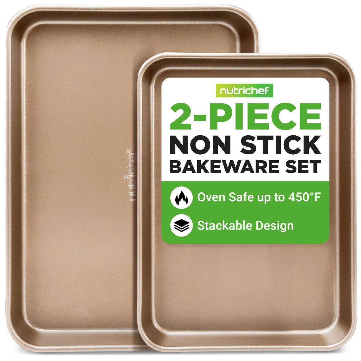 NutriChef Non-Stick Cookie Sheet Baking Pans, 2-Piece Oven Baking Trays w/ Superior Nonstick Coating - 15" x 11" & 13" x 9" Sizes for Convenient Roasting & Baking - Dishwasher Safe
