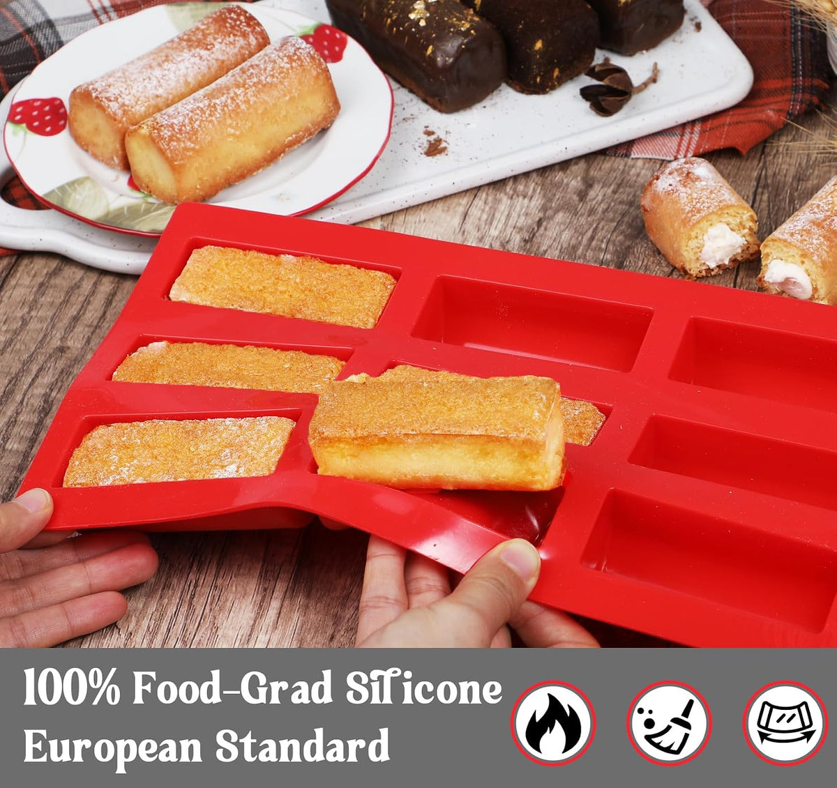 Webake Silicone Cream Canoe Pan, 9-Cavity Mini Log Cake Mold for Baking, Oblong Filled Snack Cake Mold for Mousse, Pudding and Desserts