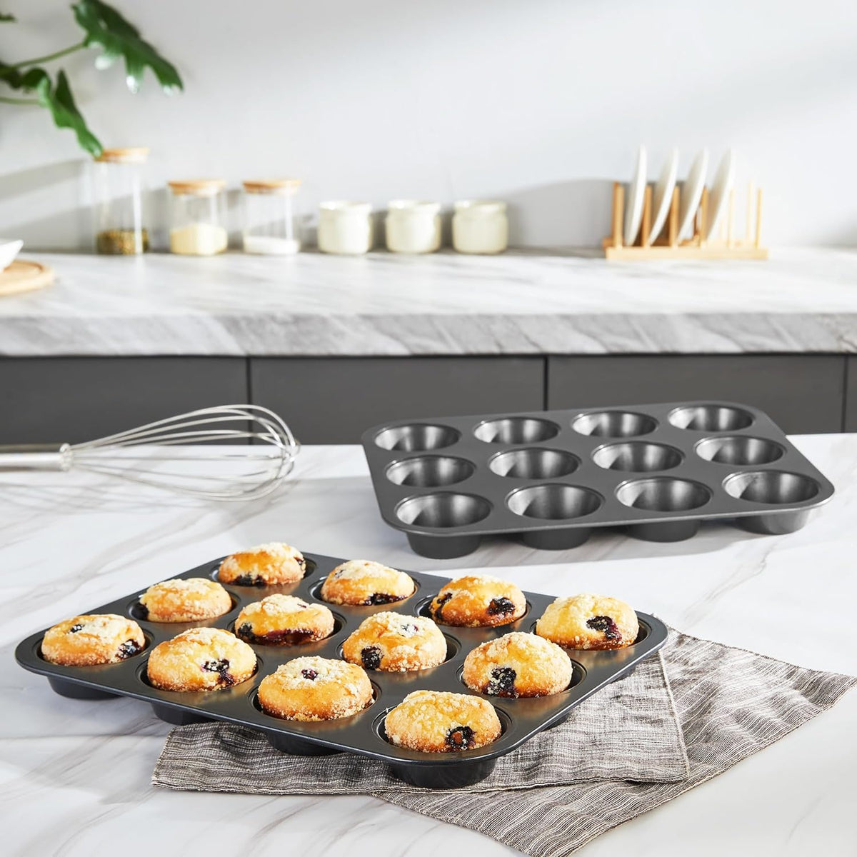 HONGBAKE Muffin Pans for Baking, Nonstick Cupcake Tin with 120 Parchment Liners, 2 Pack 12 Cup Premium Cheesecake Trays - Gray