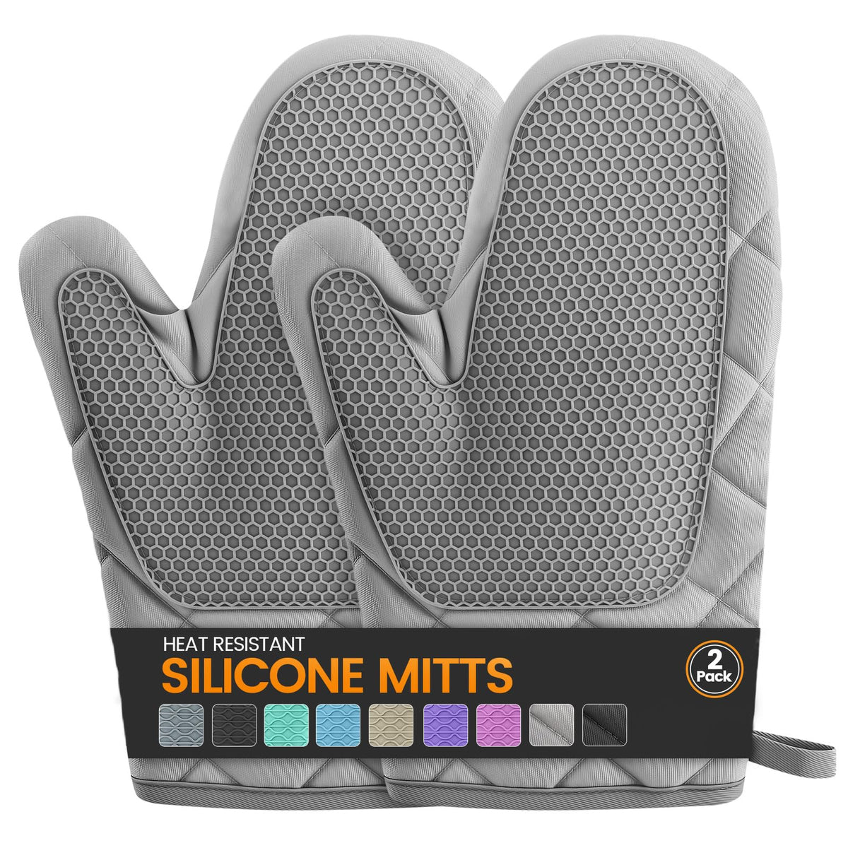 Silicone Oven Mitts, Heat Resistant 2PCS Oven Mitts with Soft Cotton Lining, Waterproof Non-Slip Grip Oven Glove, Kitchen Potholder Mits for BBQ, Baking, Cooking, 12.5 Inch - Grey