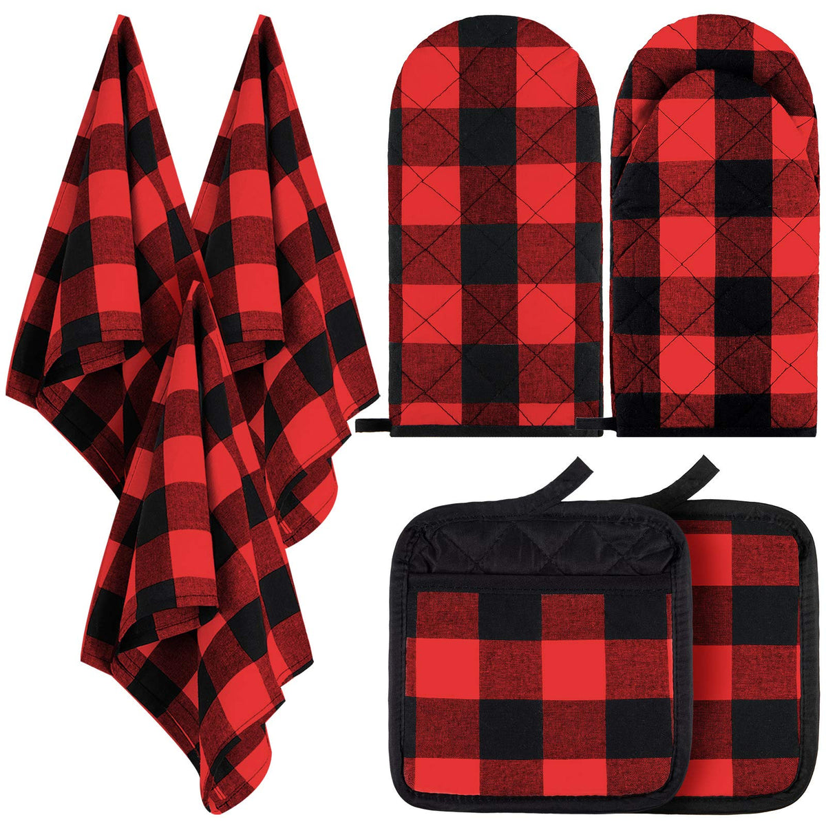 Patelai 7 Pieces Buffalo Check Dish Towels Pot Holders Oven Mitts Set