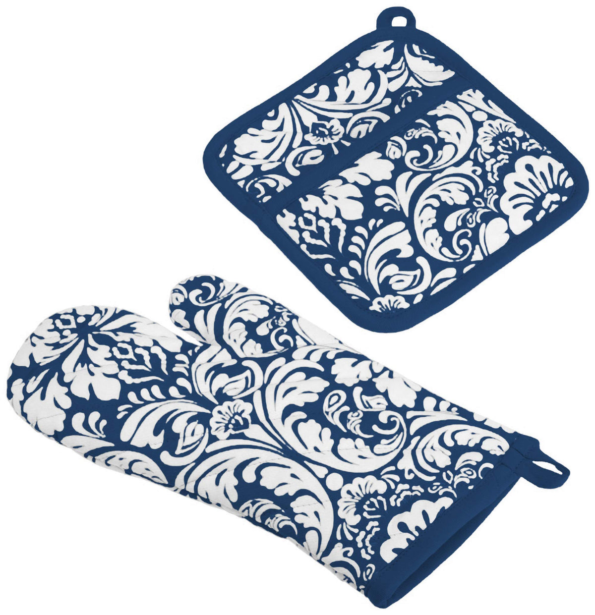 DII Quilted Kitchen Oven Mitt & Potholder Set, Hanging Loop for Convenient Storage, OM 6.5x12/PH 8x8.5, Black Damask Print, 2 Piece