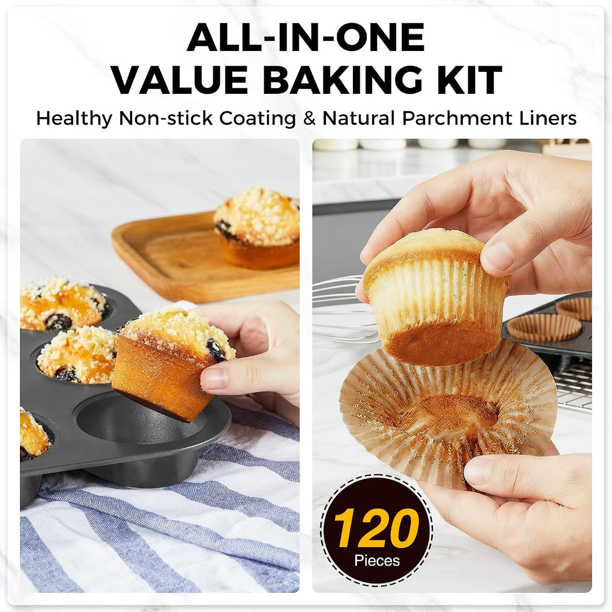 HONGBAKE Muffin Pans for Baking, Nonstick Cupcake Tin with 120 Parchment Liners, 2 Pack 12 Cup Premium Cheesecake Trays - Gray