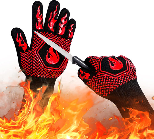BBQ Gloves 1472F Heat Resistant Non-Slip Silicone 13.8in (Red)
