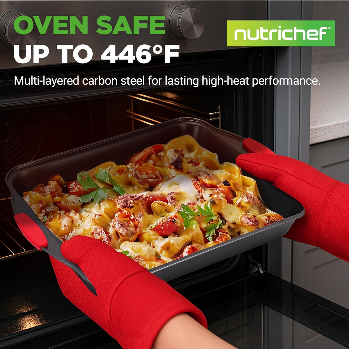 NutriChef Non-Stick Kitchen Oven Baking Pans-Deluxe & Stylish Nonstick Gray Coating Inside Outside, Commercial Grade Restaurant Quality Metal Bakeware with Red Silicone Handles NCSBS8S, 8 Piece Set
