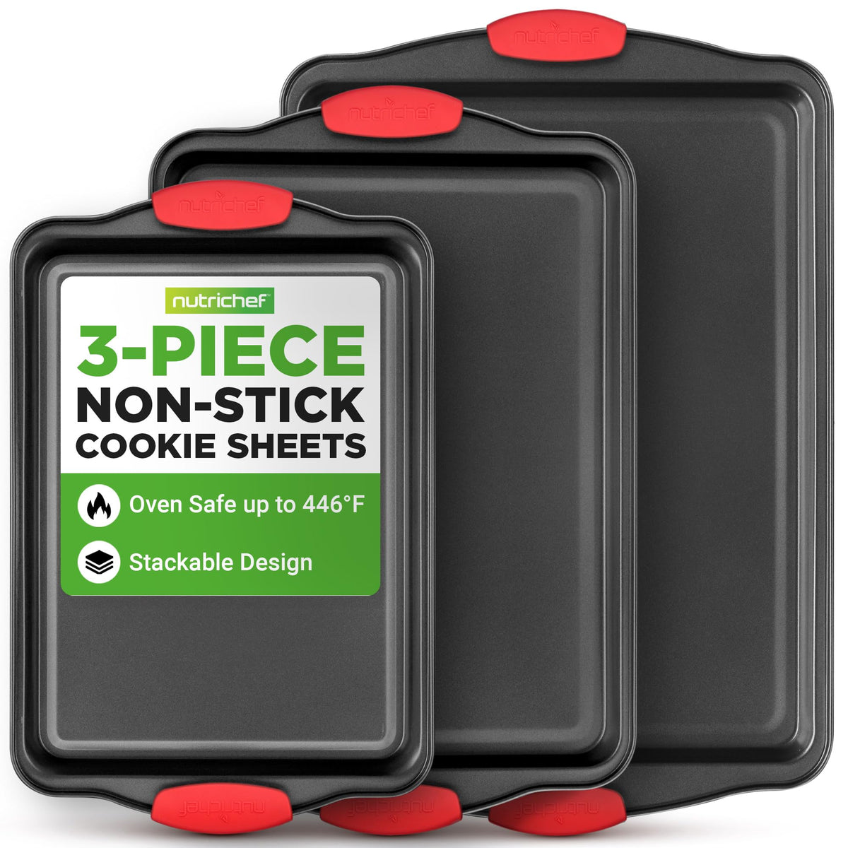 NutriChef 3‑Piece Nonstick Cookie Sheets – Carbon Steel Baking Sheet Set with Non Stick Coating & Red Silicone Handles – Oven Pans for Family Baking