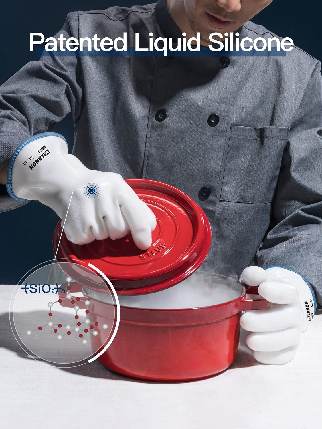 LANON Wahoo Liquid Silicone Oven Mitts,Heat Resistant Gloves,White,L/9