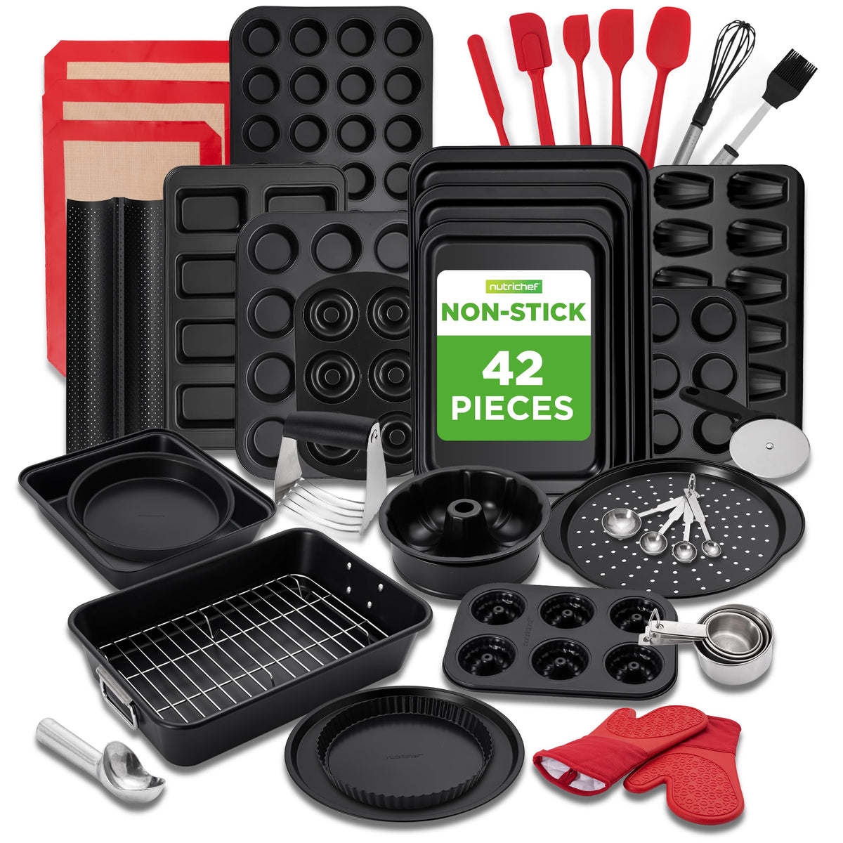 NutriChef Non-Stick Kitchen Oven Baking Pans-Deluxe & Stylish Nonstick Gray Coating Inside Outside, Commercial Grade Restaurant Quality Metal Bakeware with Red Silicone Handles NCSBS8S, 8 Piece Set