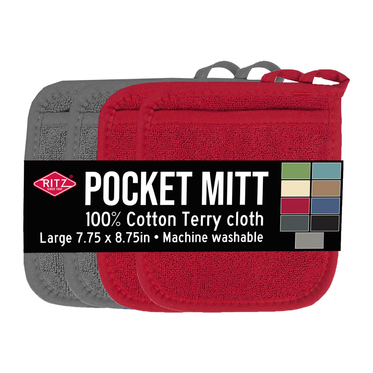 RITZ Terry Pocket Mitt & Hot Pad: Unparalleled Heat Resistant, Durable 100% Cotton – Ergonomically Designed for Optimal Grip – Easy-Care Machine Washable – 2-Pack, Paprika