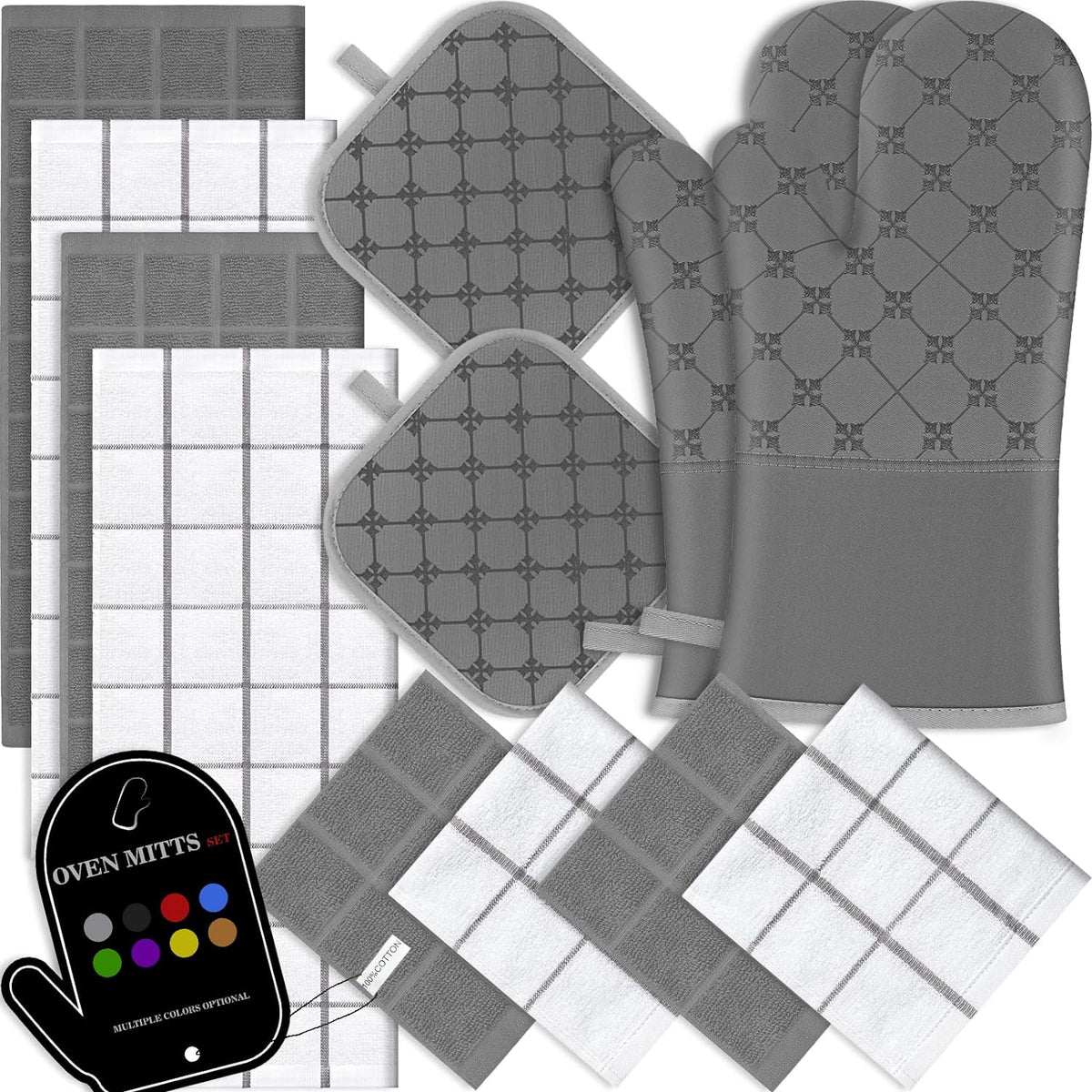 Oven Mitts Kitchen Towels Dishcloths with Pot Holders Sets 12PCS, Dish Towels Sets, Oven Gloves Pot Pads Heat Resistant 500 Degrees with Non-Slip Silicone Surface for Cooking Baking Grilling-Grey
