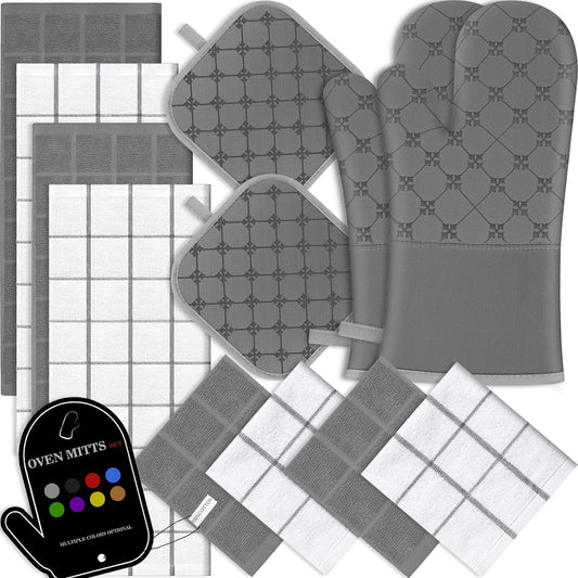 Oven Mitts Kitchen Towels Dishcloths with Pot Holders Sets 12PCS, Dish Towels Sets, Oven Gloves Pot Pads Heat Resistant 500 Degrees with Non-Slip Silicone Surface for Cooking Baking Grilling-Grey