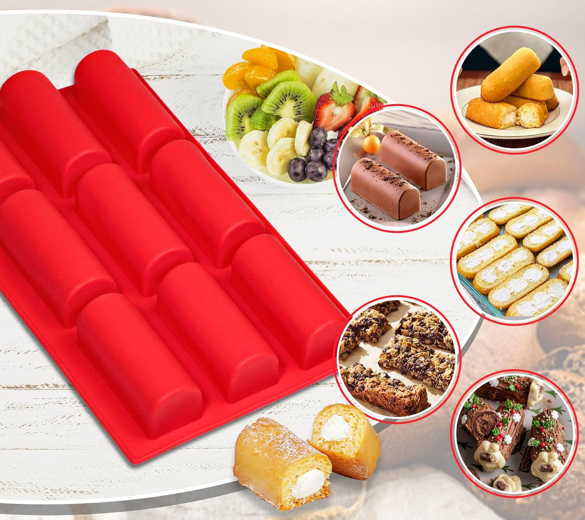 Webake Silicone Cream Canoe Pan, 9-Cavity Mini Log Cake Mold for Baking, Oblong Filled Snack Cake Mold for Mousse, Pudding and Desserts