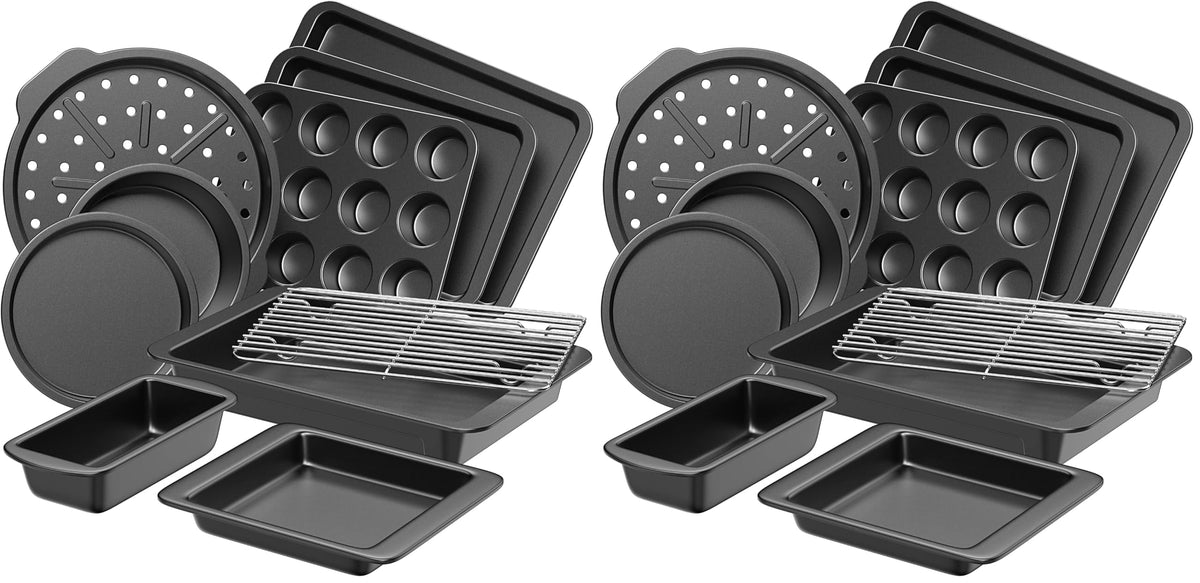 HONGBAKE Bakeware Sets, Baking Pans Set, 12 Pieces Nonstick Oven Pan with 120 Muffin Liners for Kitchen, Wider Grips, Including Rack, Cookie Sheet, Cake, Loaf, Muffin, Pizza Pan - Gray